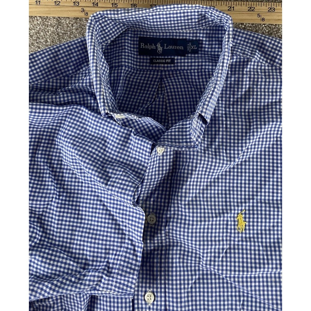 Polo Ralph Lauren Blue/White Gingham Plaid Short Sleeve Shirt Men XL Yellow Pony